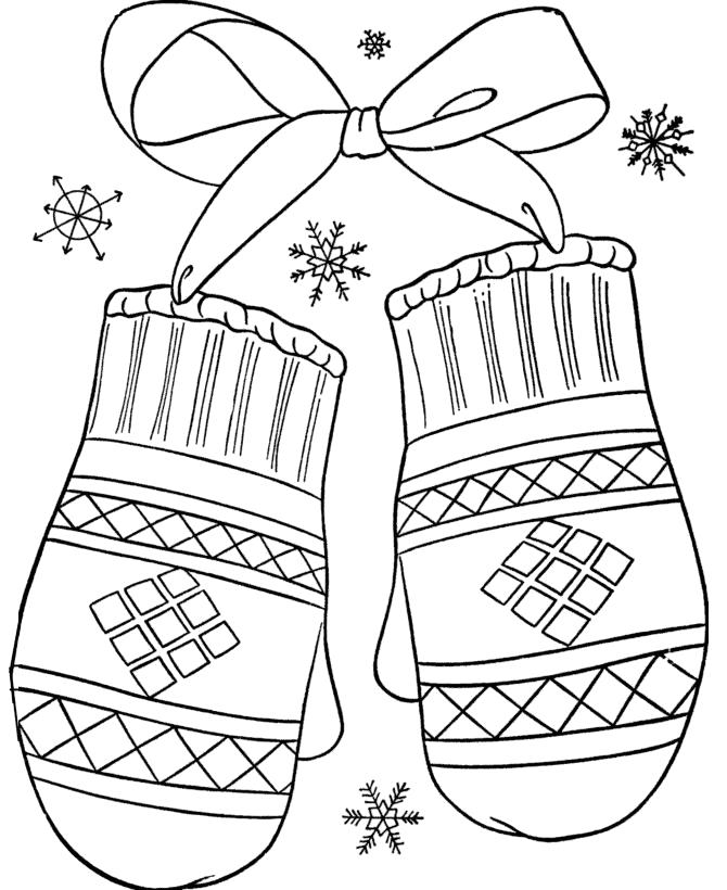 Раскраска Изображение, зимняя одежда, варежки с бантиком. 