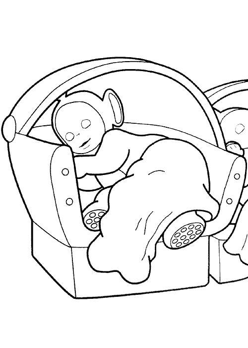 Раскраска телепузик спит на кресле. Телепузики