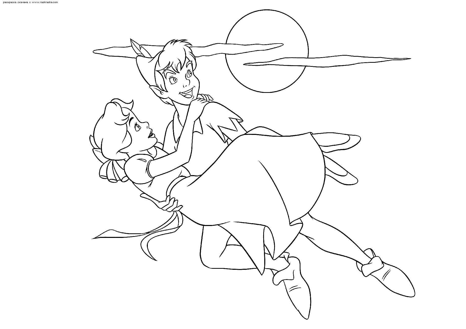 Раскраска  Питер Пэн держит девочку Венди на руках. Питер Пэн