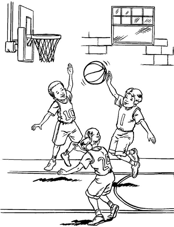 Раскраска мальчики играют в баскетбол, мяч, баскетбольная сетка, баскетбольный щит. Скачать Баскетбол.  Распечатать Баскетбол