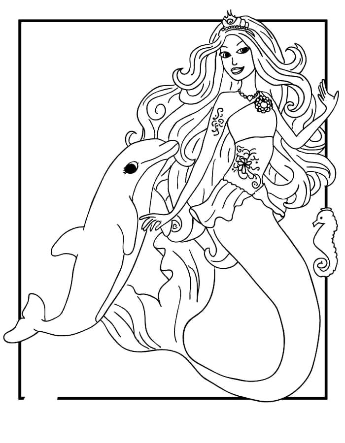 Раскраска барби русалка с дельфином. Для девочек