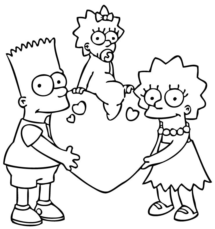 Раскраска Раскраска симпсоны. Бард и Лиза держат сердце, Мэгги сидит на сердце. Симпсоны
