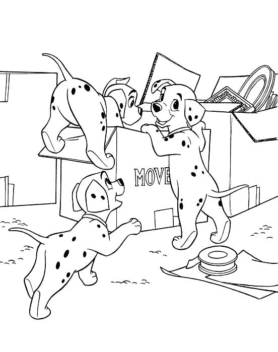 Раскраска Разукрашки 101 далматинец для детей, собаки играются с коробкой. 101 далматинец