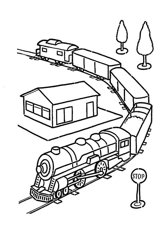 Раскраска Раскраска паровозик, паровоз с вагонами, дом, . паровозик
