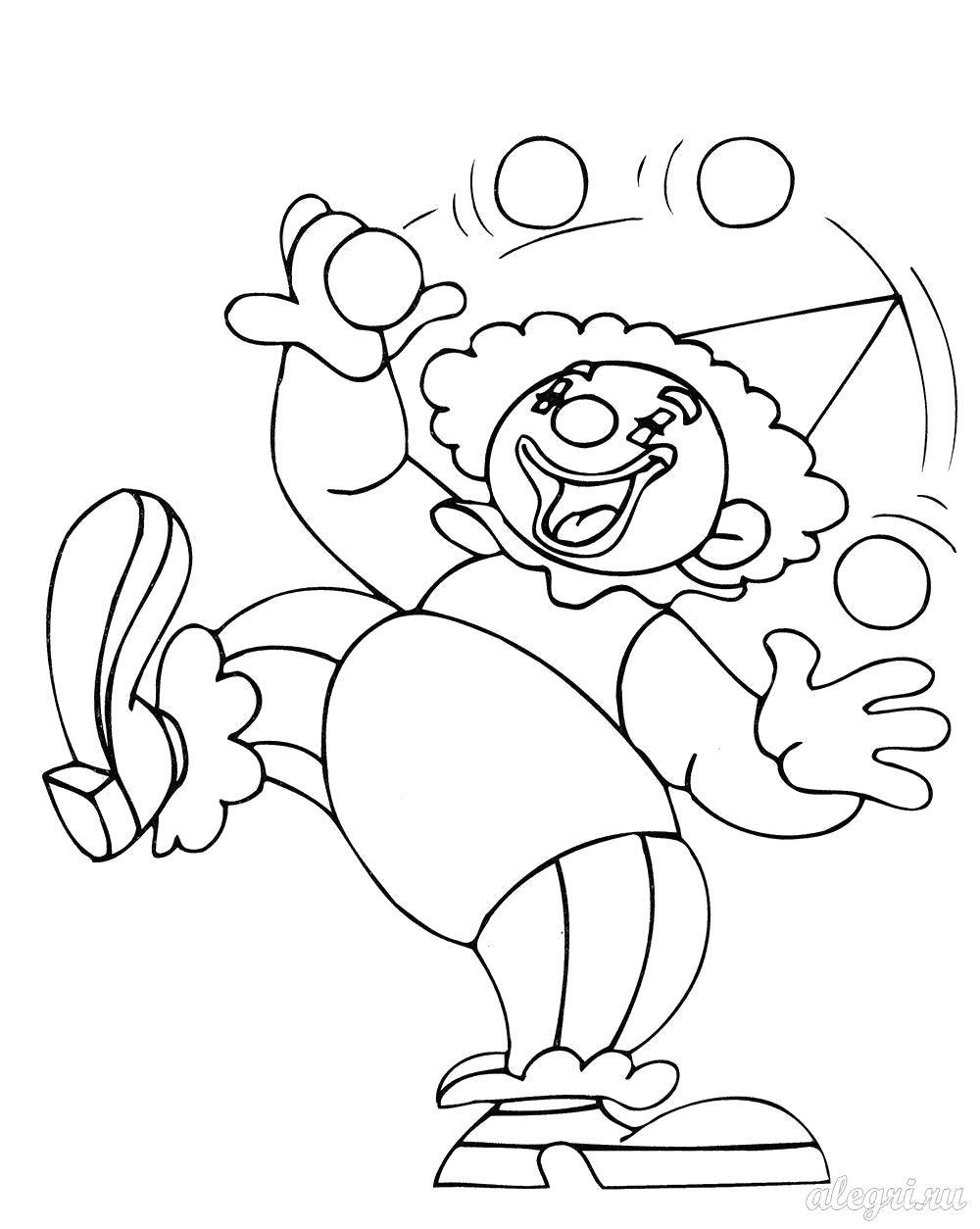 Раскраска Клоун жонглирует, клоун стоит на одной ноге. Скачать клоун.  Распечатать клоун