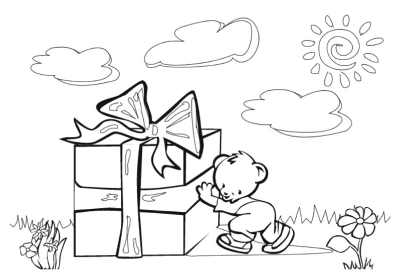 Раскраска Доставка подарков, мишка и пподарок. Скачать подарок.  Распечатать подарок