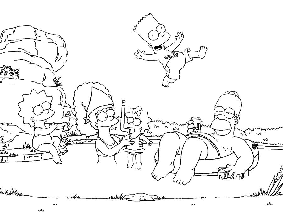 Раскраска Симпсоны на отдыхе, Симпсоны . Скачать Симпсоны.  Распечатать Симпсоны