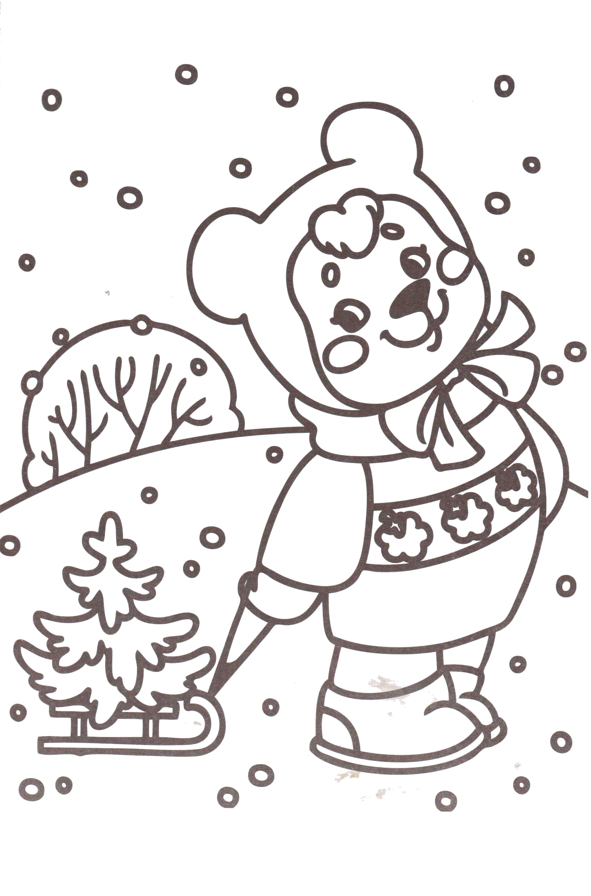 Раскраска зайчик везет елку,  снег,  зайчик в зимней одежде. Скачать новогодние.  Распечатать новогодние