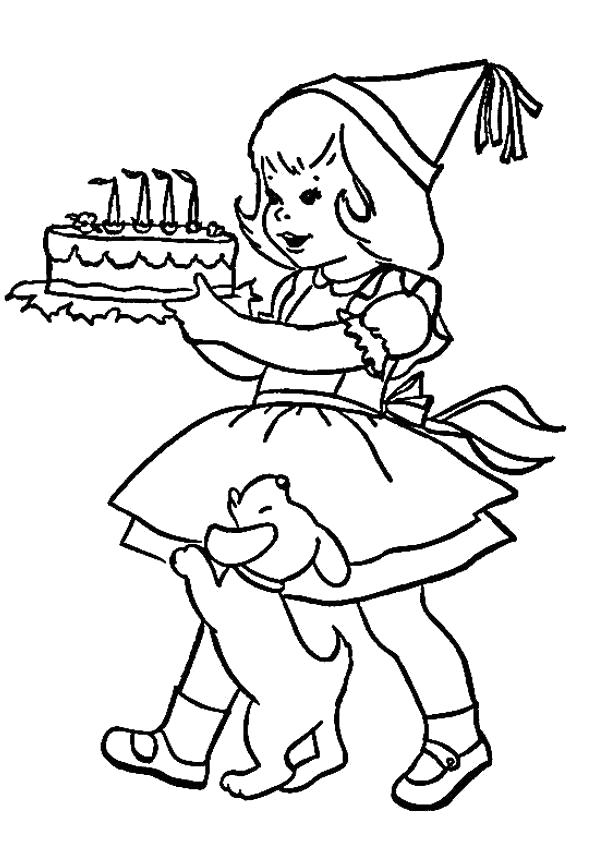 Раскраска День рождения, девочка несет торт, собачка, . Скачать День рождения.  Распечатать День рождения