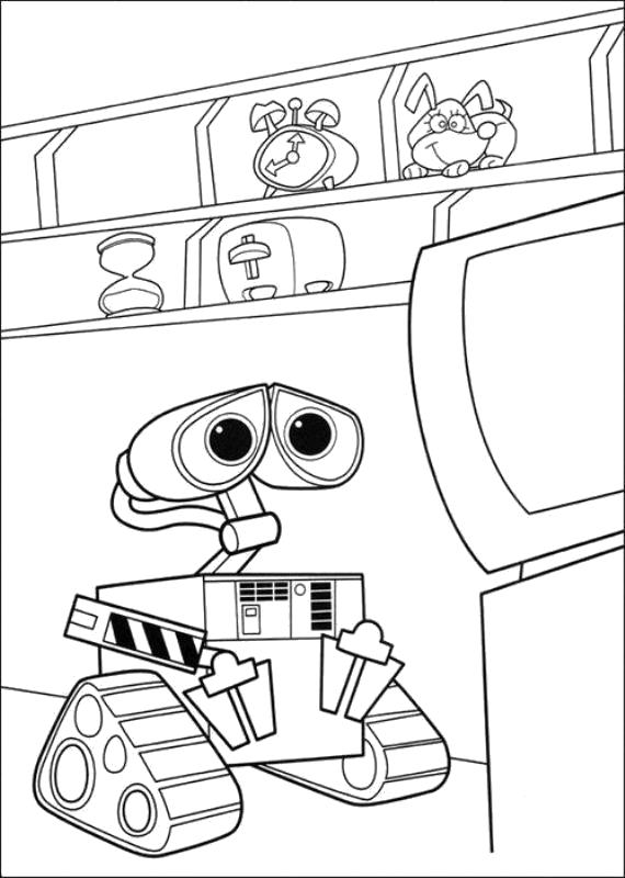 Раскраска робот Валли смотрит телевзор. 