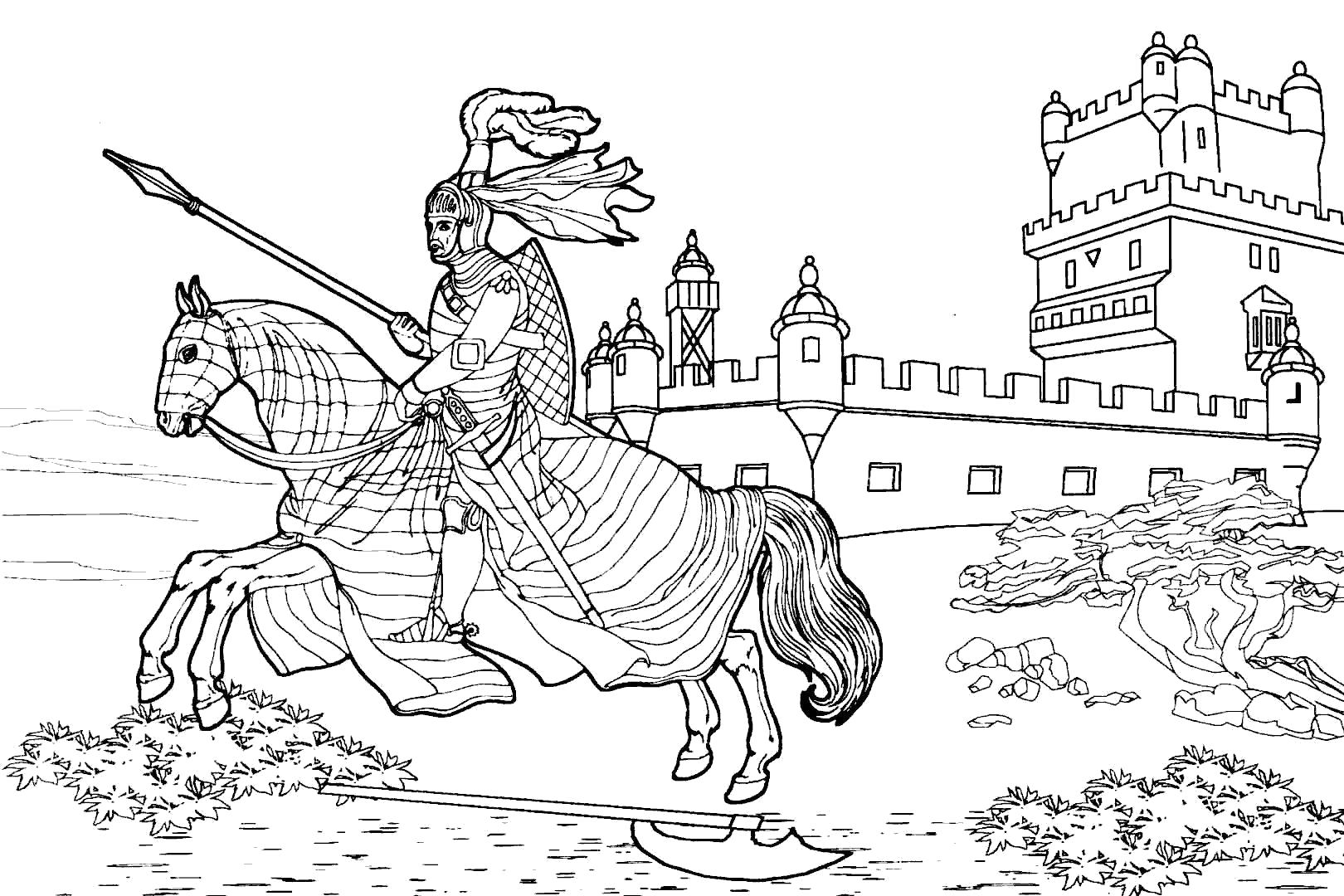 Раскраска Средневековый рыцарь на коне и замок. Скачать Рыцарь.  Распечатать Рыцарь