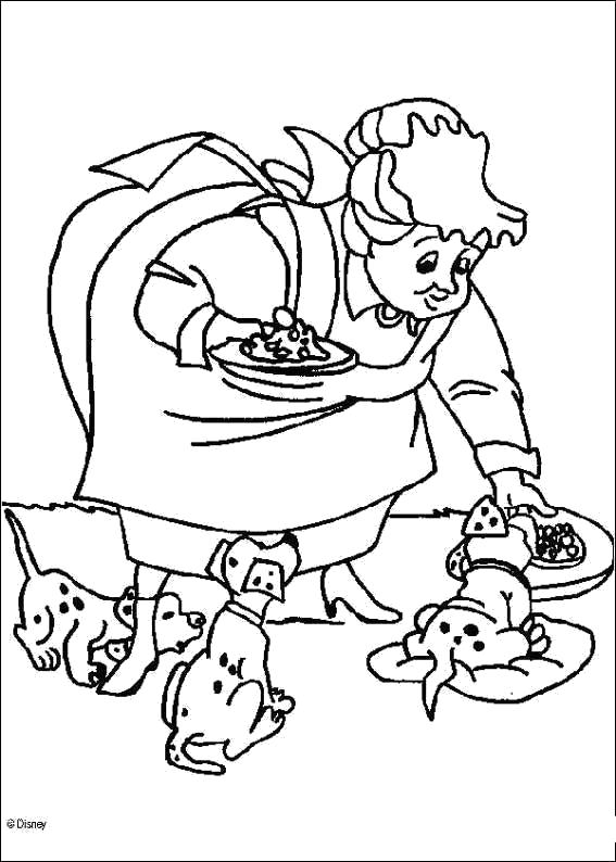 Раскраска  для детей - 101 далматинец, бабушка кормит собак. Скачать 101 далматинец.  Распечатать 101 далматинец