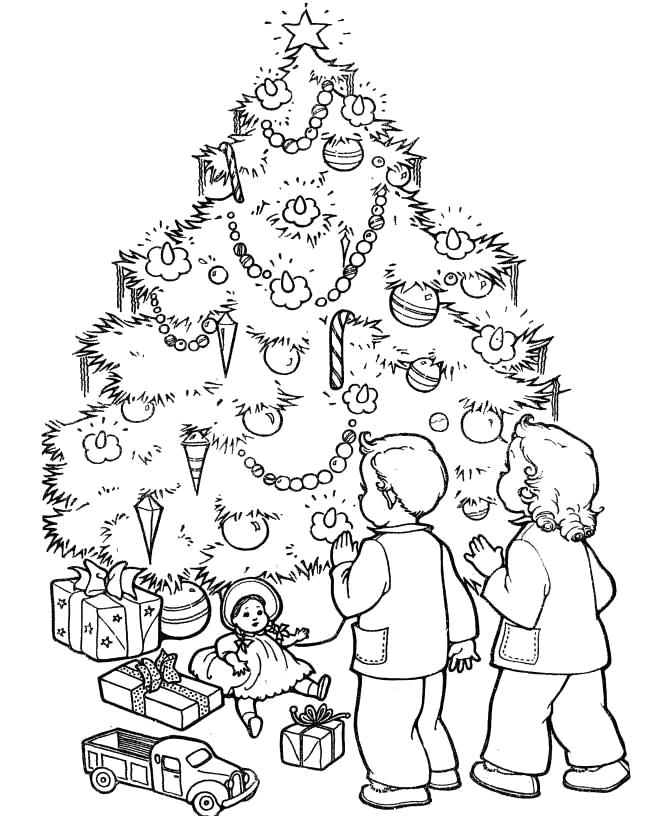 Раскраска Новогодняя елка. . Дети около новогодней елки. Скачать Елка.  Распечатать Новый год