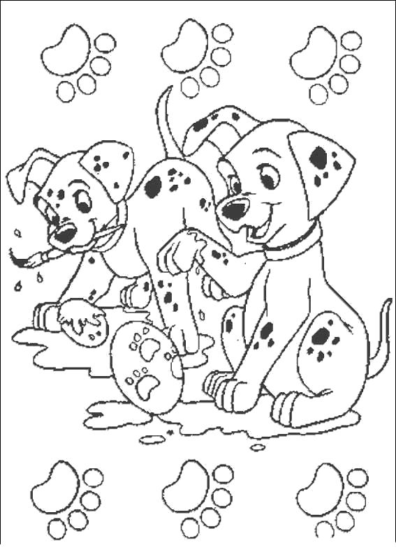 Раскраска  для детей - 101 далматинец, собаки и лапки, . Скачать 101 далматинец.  Распечатать 101 далматинец