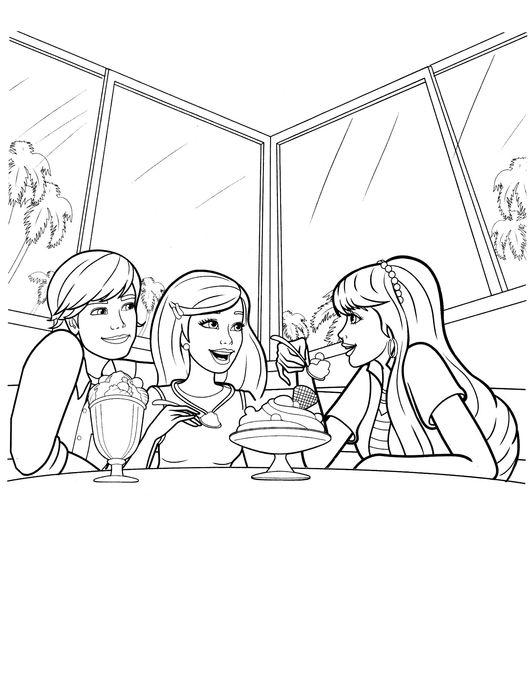 Раскраска Барби с подругами в кафе. Скачать барби.  Распечатать барби