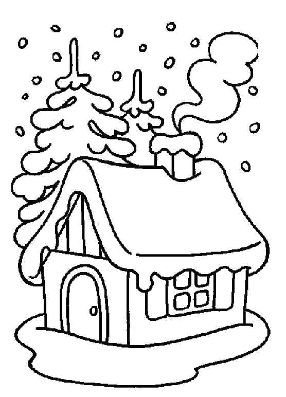 Раскраска новогодние , дом в снегу. Скачать Зима.  Распечатать Зима