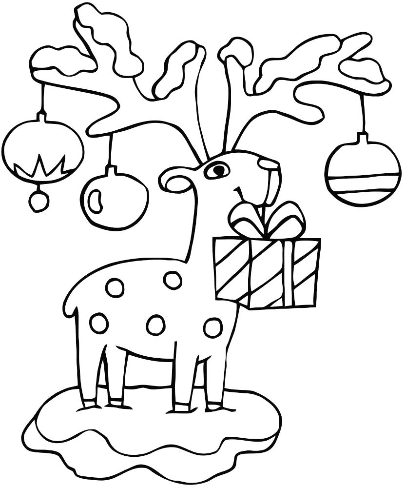 Раскраска олень с игрушками, наряженный олень. Рождество