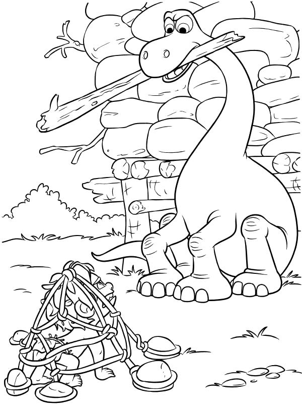 Раскраска  - Хороший динозавр - Дружок попался в ловушку. Скачать динозавр.  Распечатать динозавр