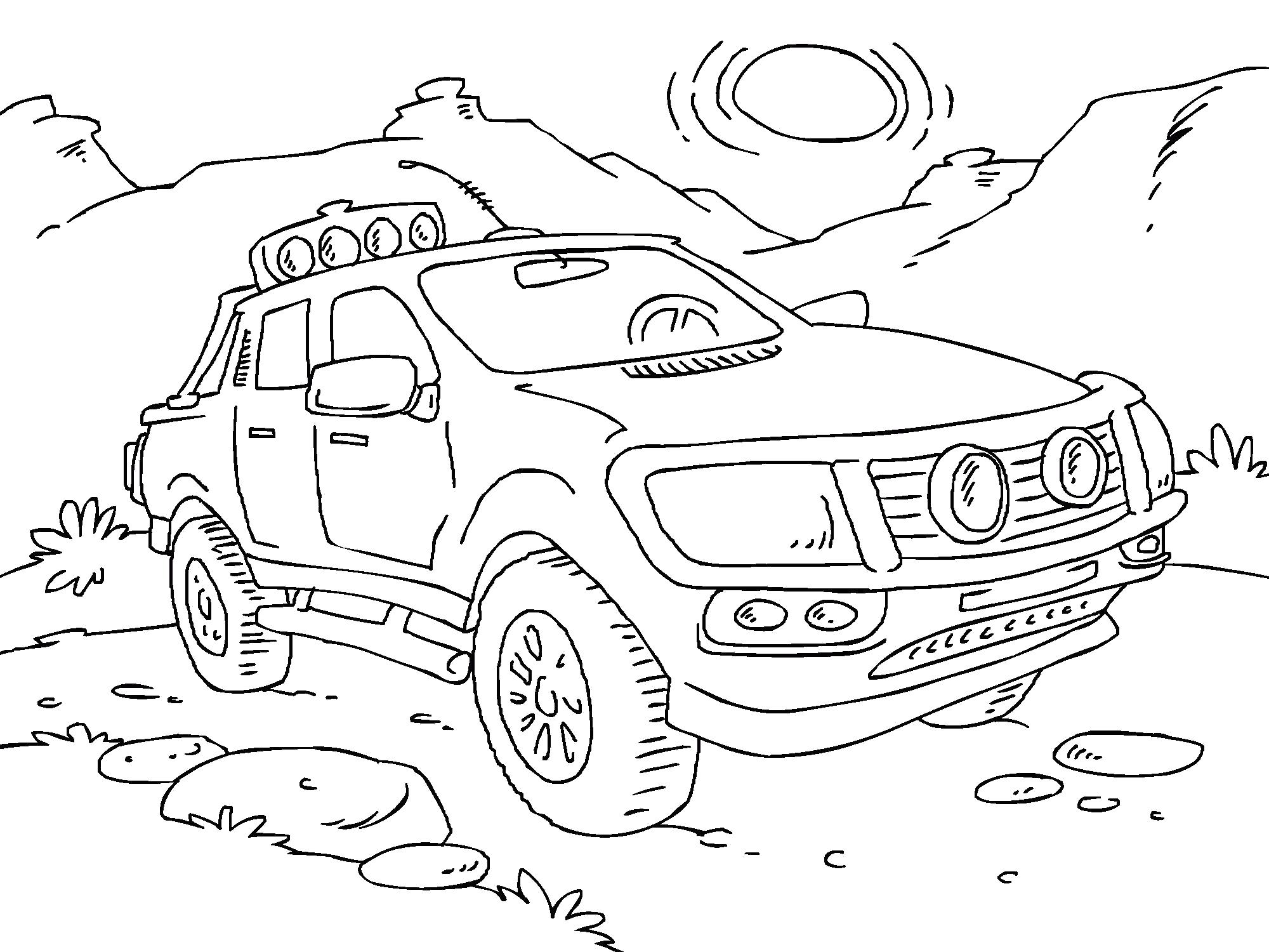 Раскраска Джип едет в горах. Скачать машины.  Распечатать машины