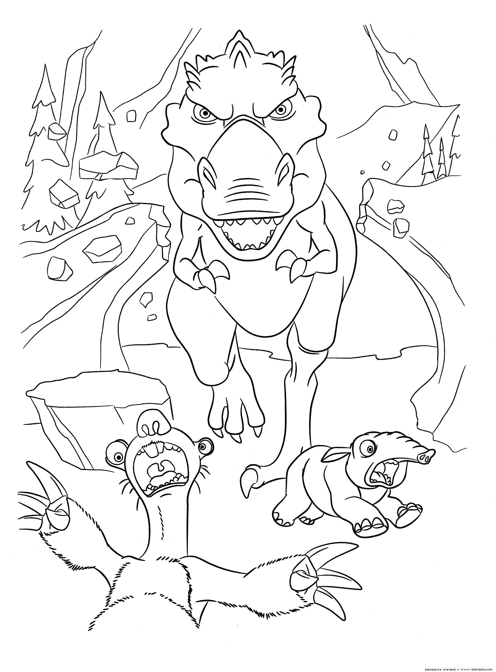 Раскраска  Сид в панике.  Ленивец Сид и динозавр из мультфильма Ледниковый период 3. Эра динозавров.  для детей с динозавром. Скачать динозавр.  Распечатать динозавр