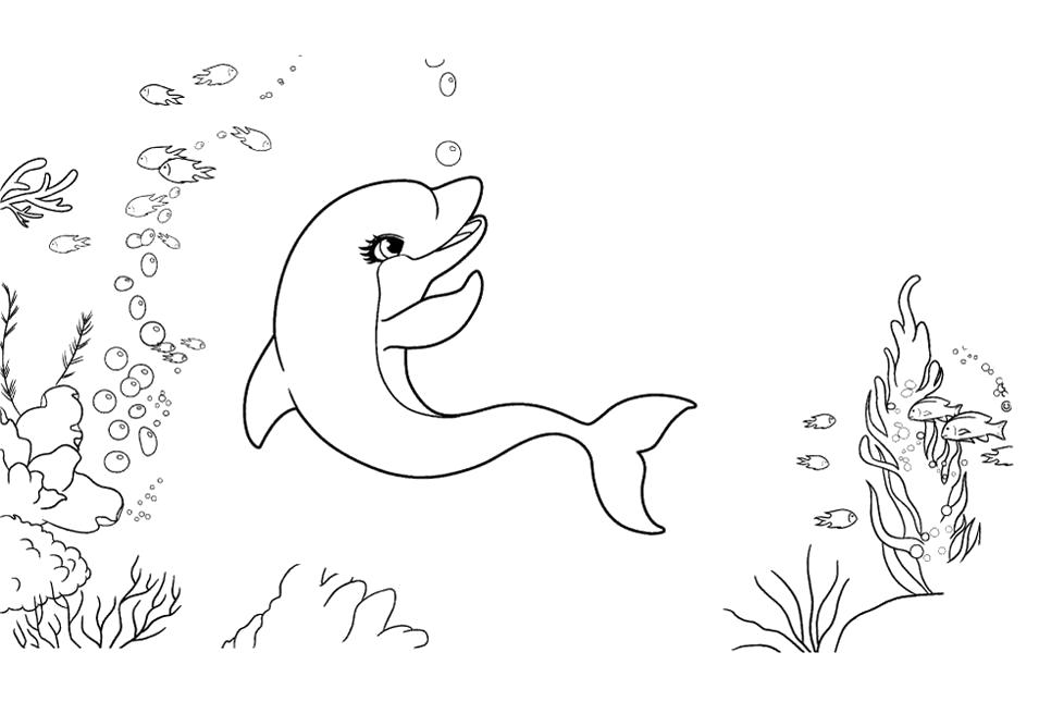 Раскраска раскраски дельфин для малышей, дельфин купается в океане. Дельфин