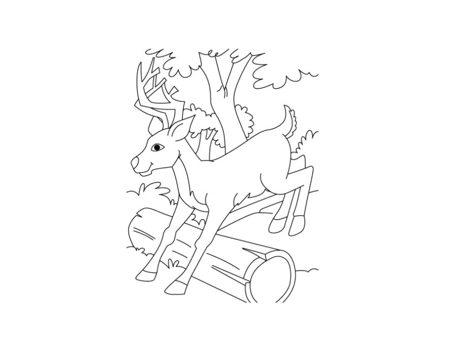 Раскраска Разукрашка олень детская, олень прыгает через бревно. Скачать Олень.  Распечатать Олень