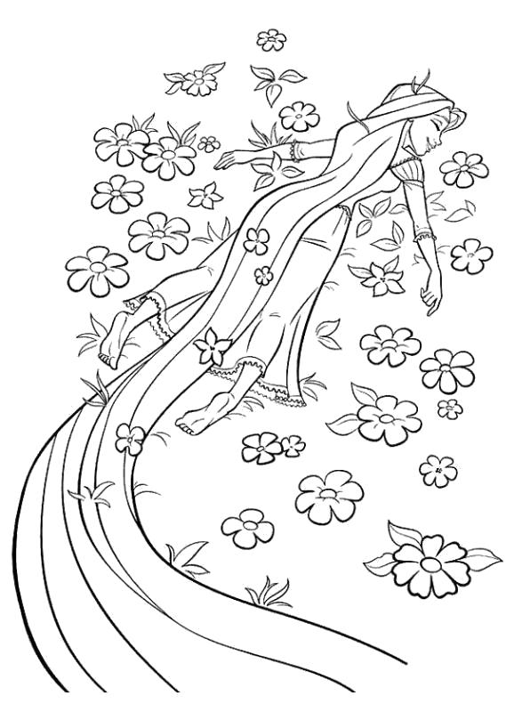 Раскраска Рапунцель на поляне цветов. 