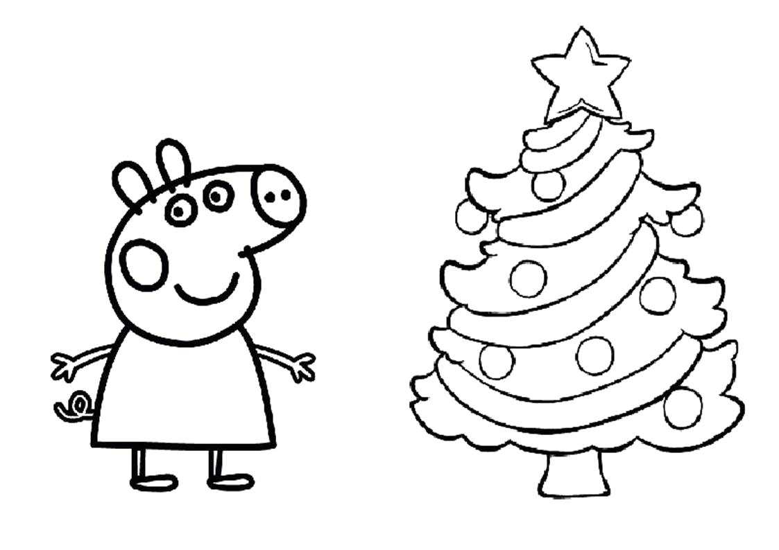 Раскраска Свинка Пеппа около новогодней елки. Скачать Пеппа.  Распечатать Пеппа