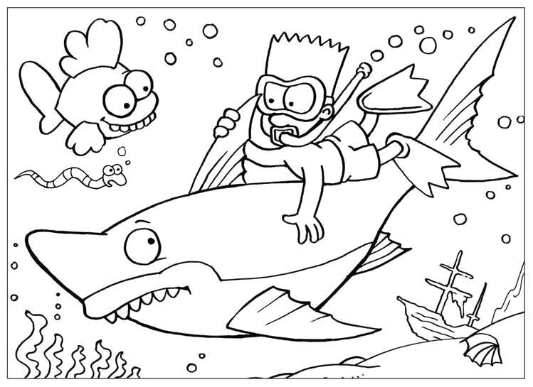 Раскраска Барт и акула. Скачать .  Распечатать 