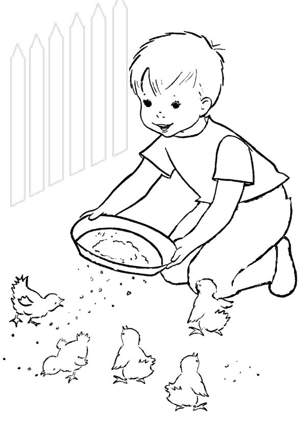 Название: Раскраска мальчик кормит птичек. Категория: Лето. Теги: Лето.