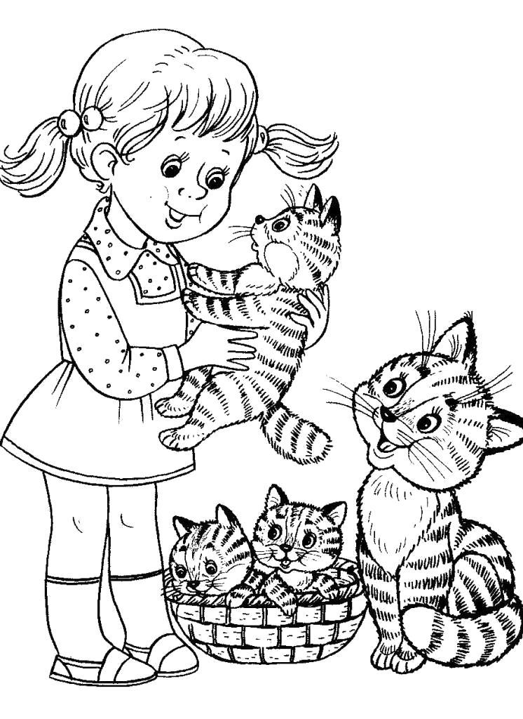 Раскраска Девочка с котятками. Скачать .  Распечатать 