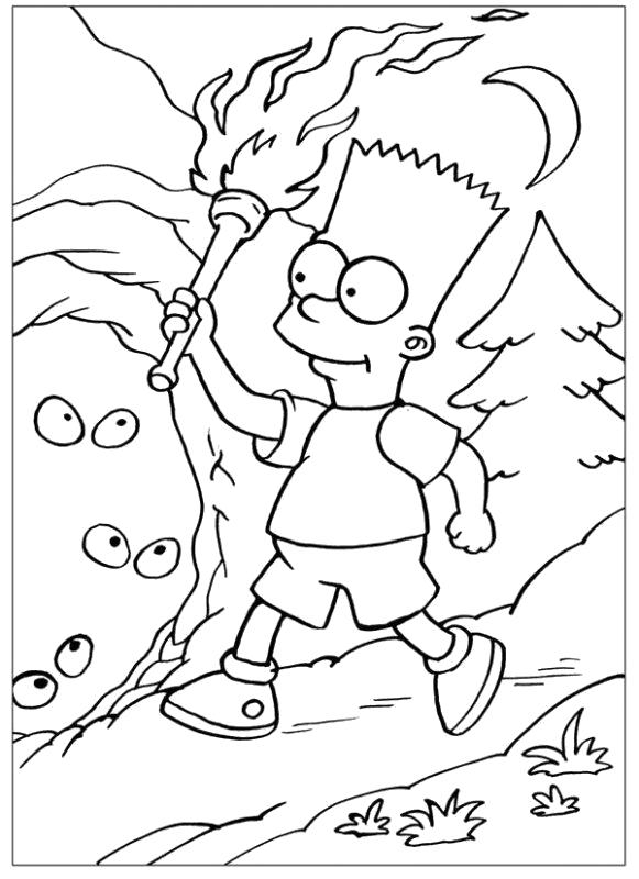 Раскраска Барт с факелом. Скачать Симпсоны.  Распечатать Симпсоны