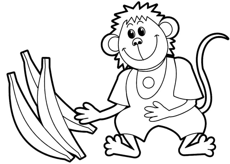 Раскраска обезьянка с бананами. Скачать обезьяна.  Распечатать обезьяна