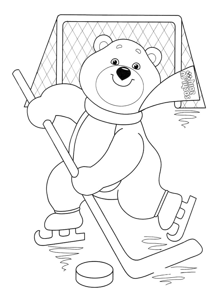 Раскраска  олимпиада для девочек, Мишка играет в хоккей, . Скачать Мишка.  Распечатать Мишка