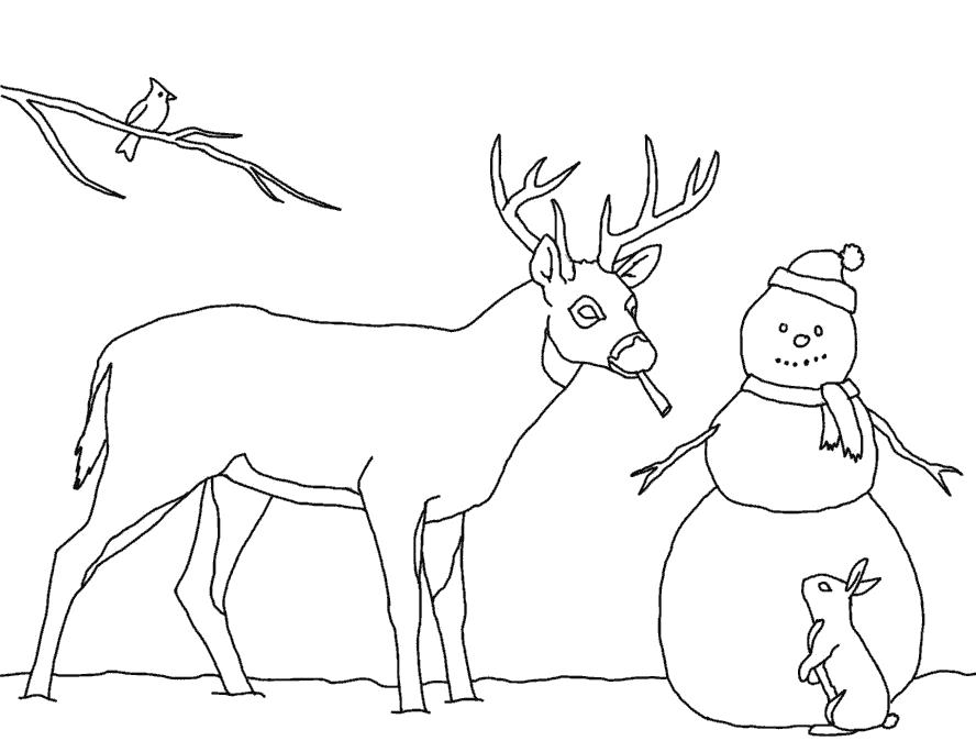 Название: Раскраска олень и снеговик и заяц. Категория: Олень. Теги: Олень.