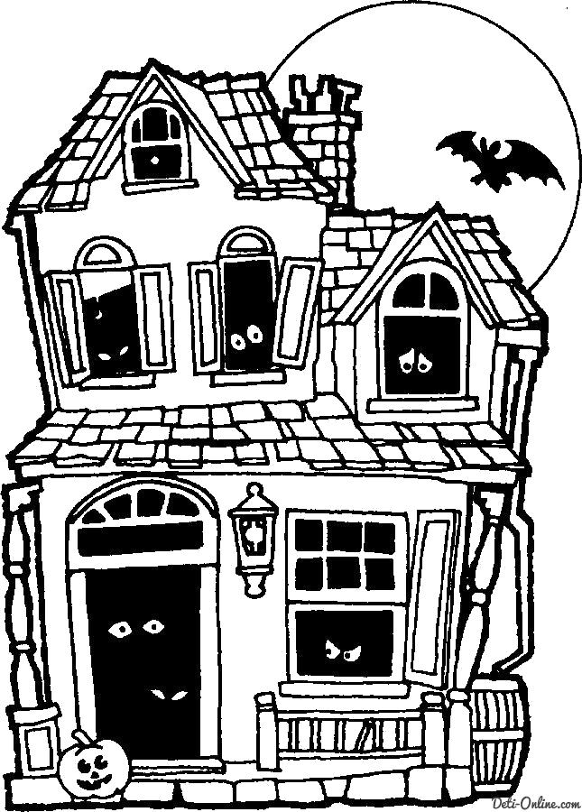 Раскраска  Дом с привидениями на Хэллоуин. Скачать ужасы.  Распечатать Хэллоуин