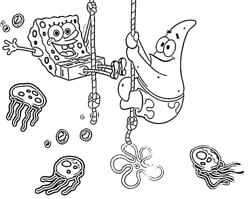Раскраска спанч боб и патрик спасаются от медуз. медуза