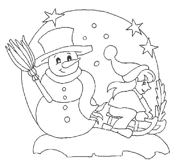 Раскраска мальчик на санях, снеговик, звездочки. Скачать новогодние.  Распечатать новогодние
