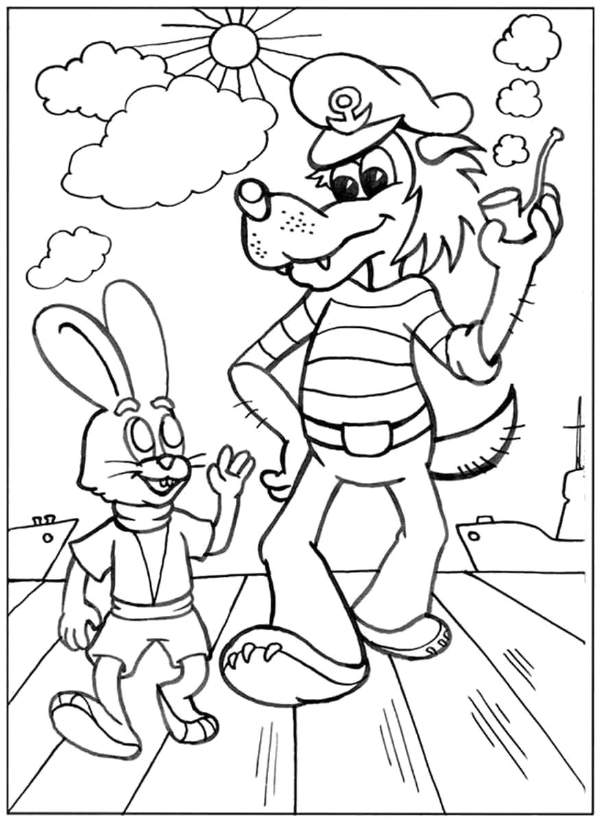 Название: Раскраска Прогулка по набережной волка и зайца. Категория: Советские мультфильмы. Теги: Ну погоди.