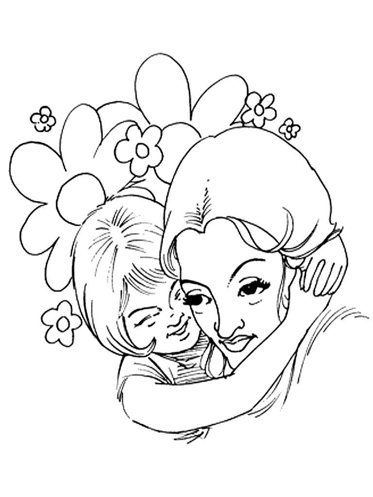 Раскраска счастливые мама и дочка. Скачать День Матери.  Распечатать День Матери