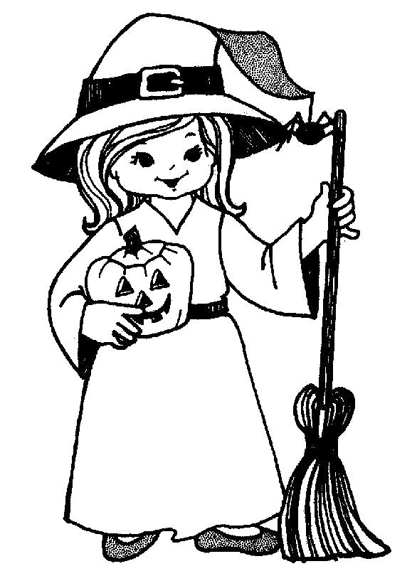Раскраска ведьма с метлой и тыквой. Хэллоуин
