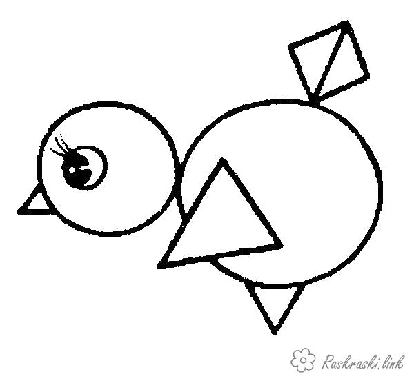 Раскраска  птенец птенец геометрические фигуры . Скачать ромб, круг, треугольник.  Распечатать геометрические фигуры