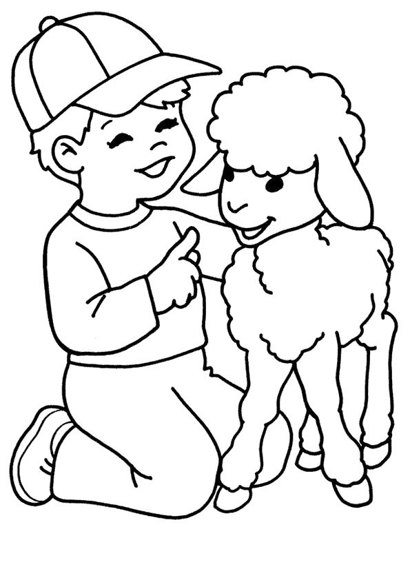 Раскраска мальчик говорит овечке, мальчик и овечка. Лето