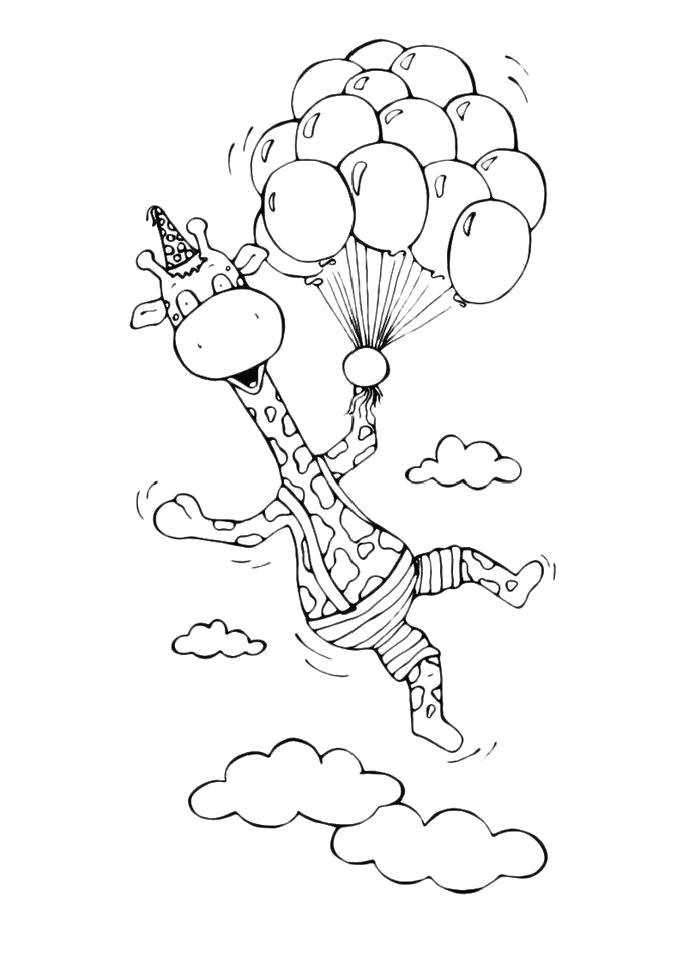 Название: Раскраска Раскраска Жираф на воздушных шариках. Категория: жираф. Теги: жираф.