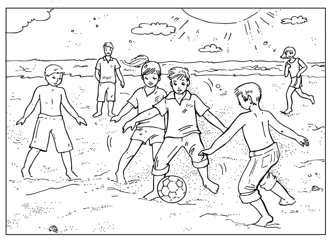 Раскраска Спорт  футбол на пляже.  игра в мяч на песке  для детей,  спорт  распечатать. Скачать Футбол.  Распечатать Футбол