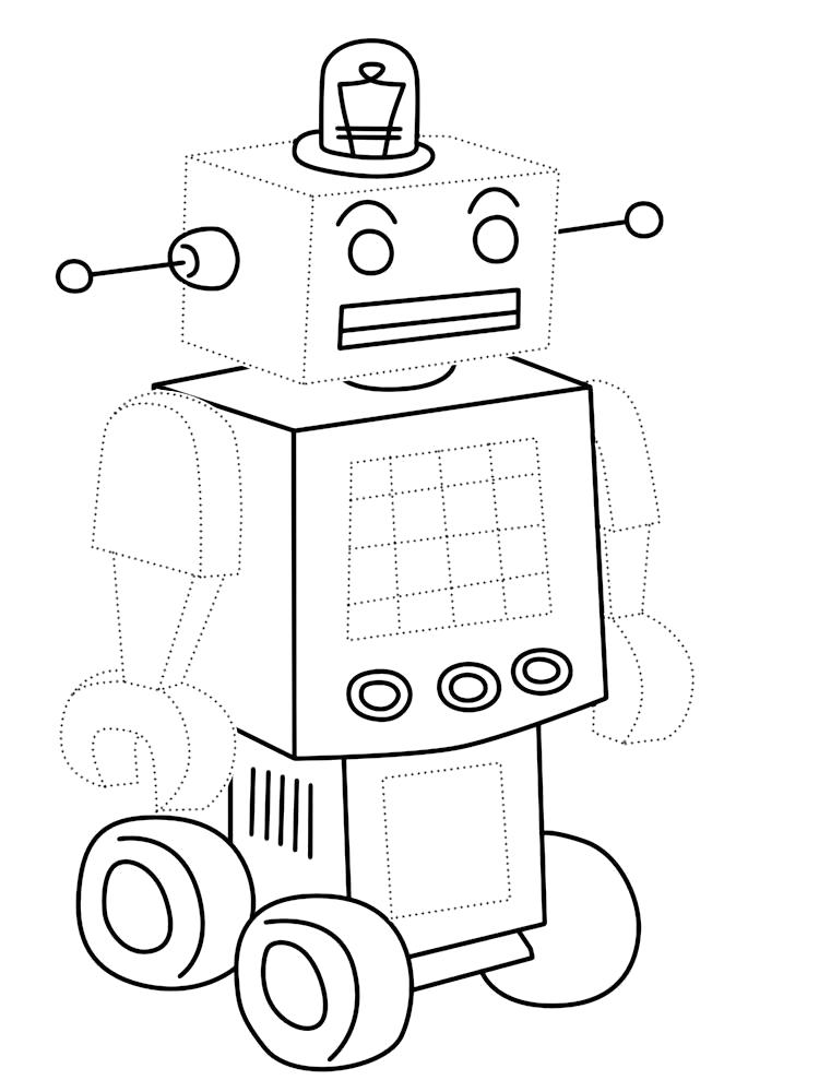 Раскраска Обвести по точкам рисунки с роботами и раскрасить их. по точкам
