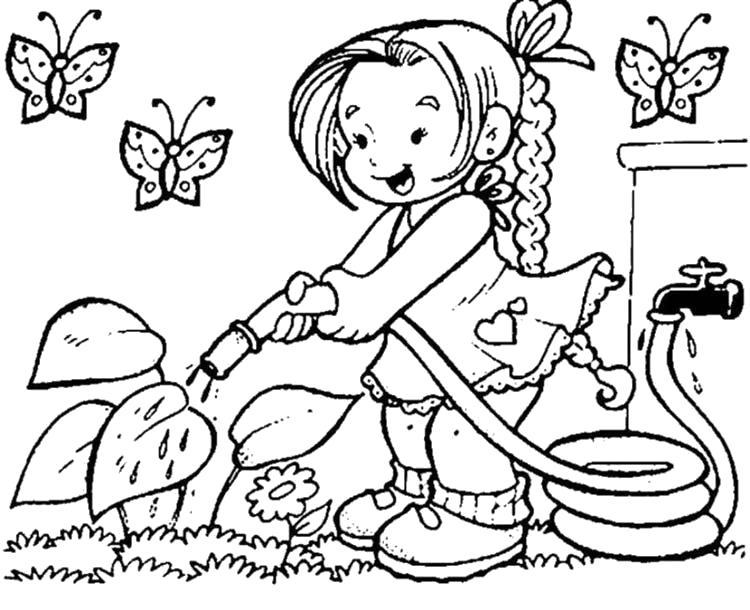 Раскраска Девочка поливает садик. Скачать .  Распечатать 