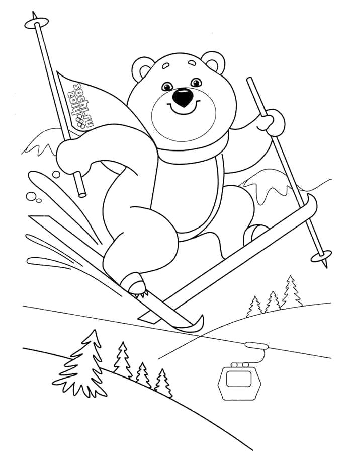 Раскраска Спорт Зимние виды спорта, медвежонок катается на лыжах. Скачать лыжи.  Распечатать лыжи
