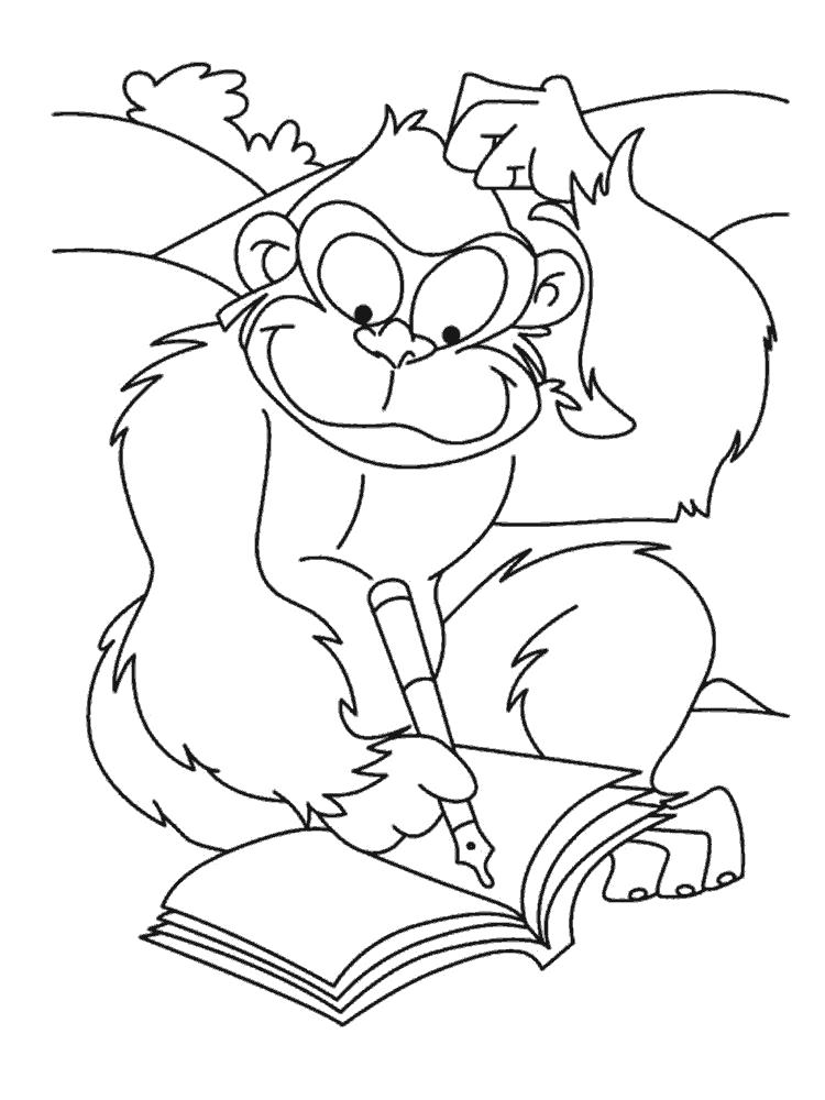 Название: Раскраска Обезьяна пишет в книге. Категория: Дикие животные. Теги: обезьяна.