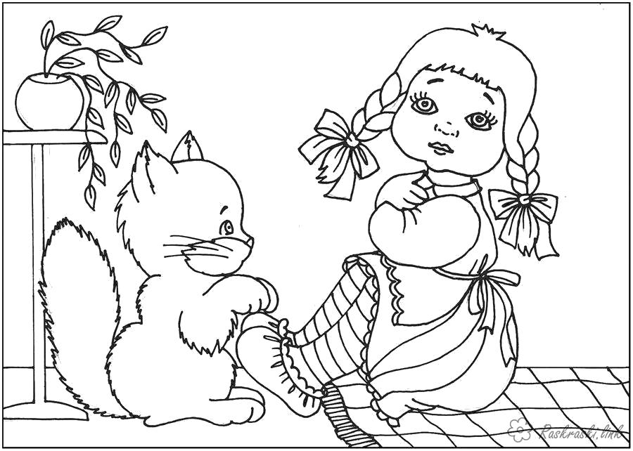 Раскраска Девочка и котик. Скачать .  Распечатать 